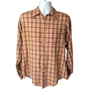 Van Heusen 417 M Vintage Plaid Shirt Gold Burgundy Classic Retro Grandpacore
